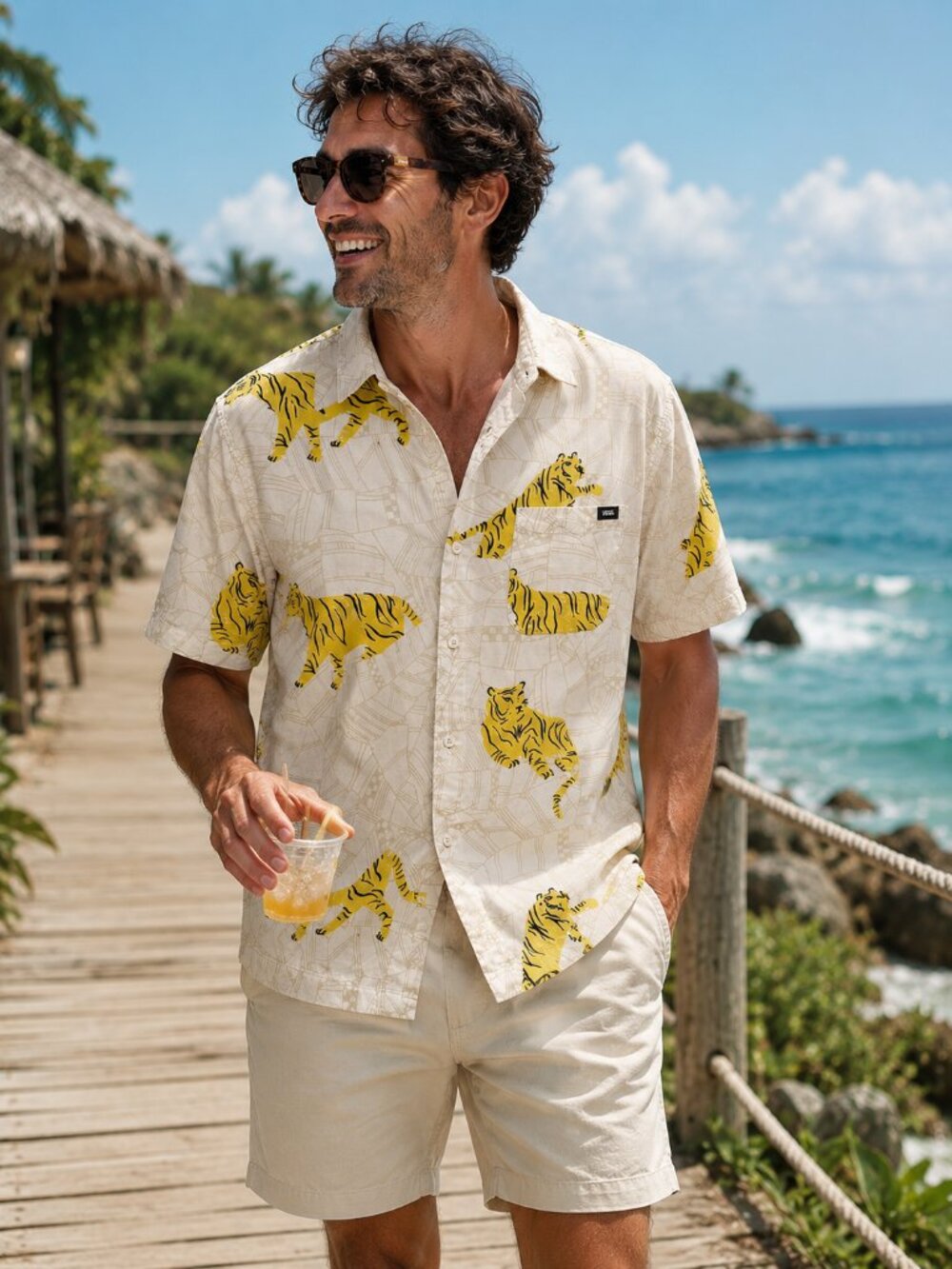 Vans Tiger Print Hawaiian Style Casual Button Up Shirt  Size M